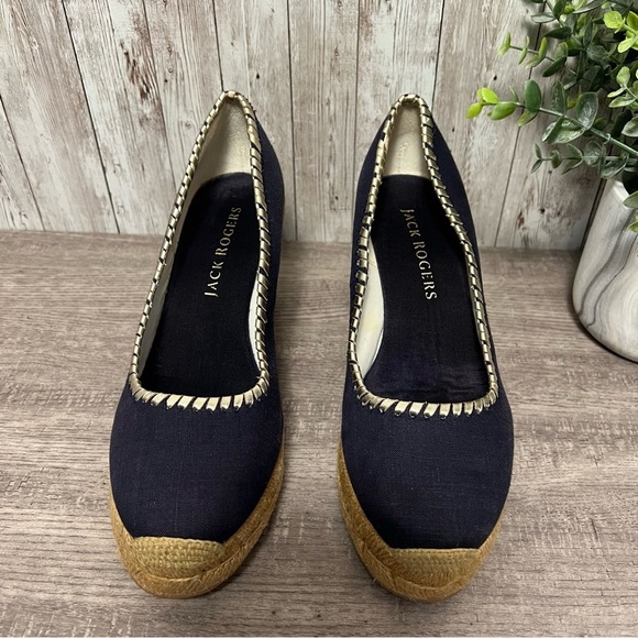 Jack Rogers Navy and Gold Wedge Espadrilles 7 - Picture 3 of 6